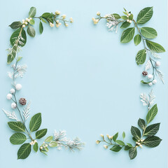 Fototapeta premium Evergreen leaves, snowflakes, and berries on a light blue background. Flat lay photography with space in the middle.