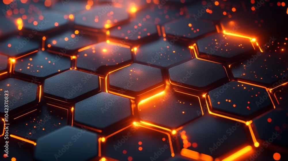 Poster A visually striking hexagonal pattern features glowing orange edges and subtle sparks, set against a dark background, enhancing the dynamic appearance of the surfaces.