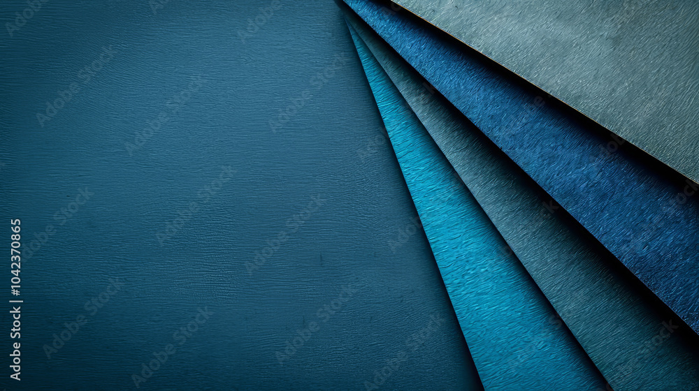 Poster a collection of textured sheets in different shades of blue is neatly layered atop one another on a 
