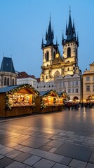 Obraz premium Experience the enchanting atmosphere of Old Town Square during Christmas, with vibrant markets and a cathedral backdrop