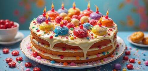 Bright and festive birthday cake adorned with colorful candles and sprinkles, perfect for celebrations and dessert related promotions.