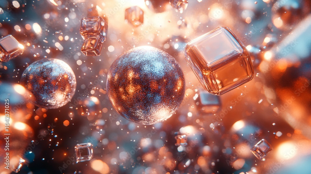 Aufkleber The artwork showcases an array of shimmering spheres and cubes, reflecting vibrant colors and intricate patterns. The background is softly blurred, enhancing the floating effect of the shapes.