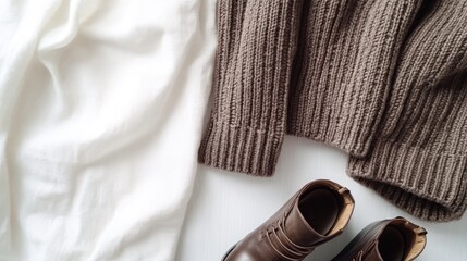 Brown sweater, white fabric, and brown leather boots on a white surface.