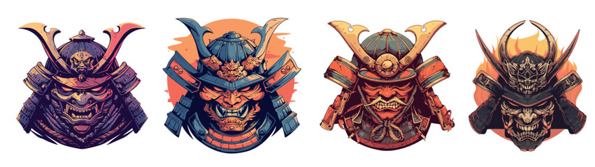 Cartoon samurai head set. Japan warrior mascot logo, scary asian mask with helmet vector illustration