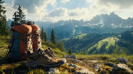A nature-inspired setting with hiking gear and a scenic view, symbolizing adventures shared with dad