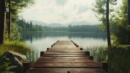 Obraz premium A peaceful lakeside view with a rustic wooden dock, perfect for a Father's Day getaway