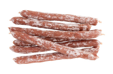 italian sausage snack, delicious dry sausage with ribbon isolated on white background with clipping path, cured salami sticks close-up
