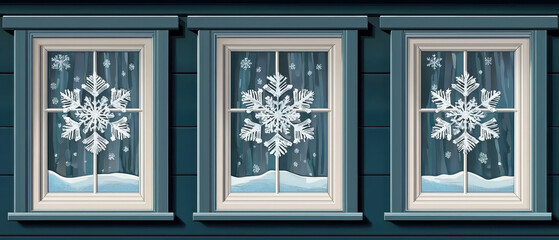 A festive winter scene featuring three windows adorned with snowflake patterns and a snowy ledge beneath.