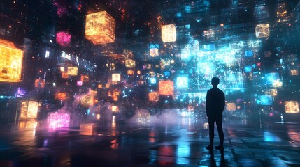 Businessman stands in a modern abstract office, observing illuminated cubes and spheres