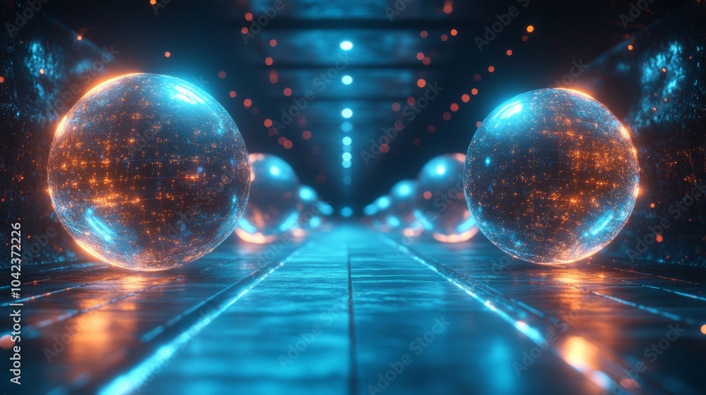 Poster a corridor features floating glowing orbs that illuminate the space with vibrant blue and orange hue