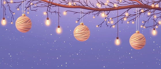 Fototapeta premium A serene winter scene featuring glowing ornaments hanging from a branch, surrounded by soft snowfall against a twilight background.