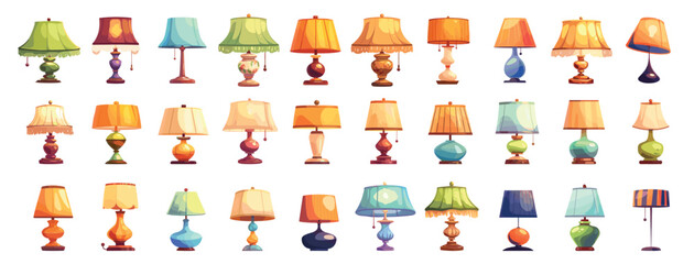 Cartoon table lamps set. Vintage and modern home interior electric light furniture, room indoor decor with lamp shade vector illustration