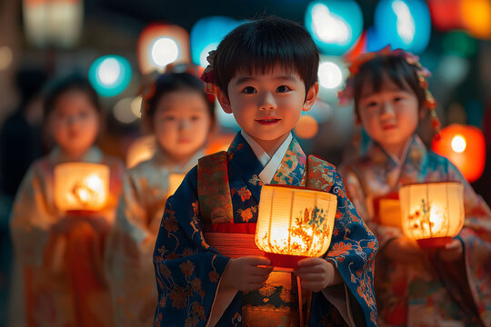 Group of children wearing traditional clothing holding illuminated paper lanterns during shichi go san festival in japan