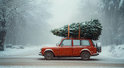 A car with a Christmas tree on the roof, driving down a snowy road. Concept of Christmas, New Year. .