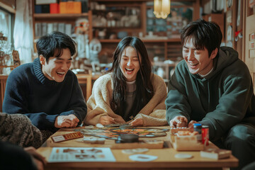 Fototapeta premium Three friends are sitting around a table laughing and having fun playing a board game during lunar new year celebrations