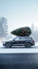 A car with a Christmas tree on the roof, driving down a snowy road. Concept of Christmas, New Year. .