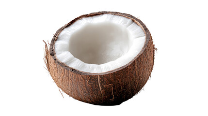 Coconut on a white background showcasing a fresh, cracked shell with brown interior, highlighting its tropical and nutritious qualities