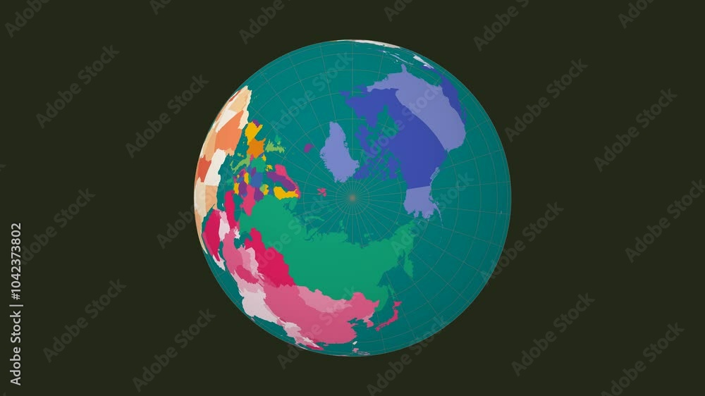 Poster rotating globe. north pole sphere view. fast speed earth rotation. colored countries style. world ma