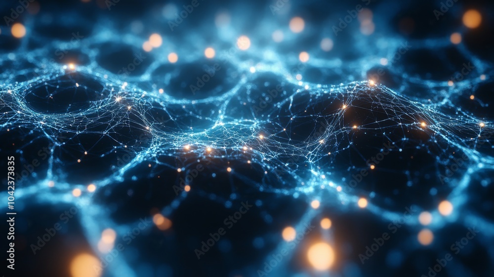 Poster The artwork illustrates a vibrant network of glowing nodes interconnected by delicate lines, creating an intricate web of digital connections against a dark background.