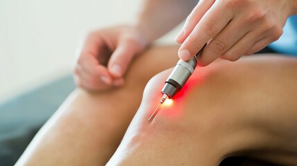 Close-up of a person receiving laser therapy on their knee.