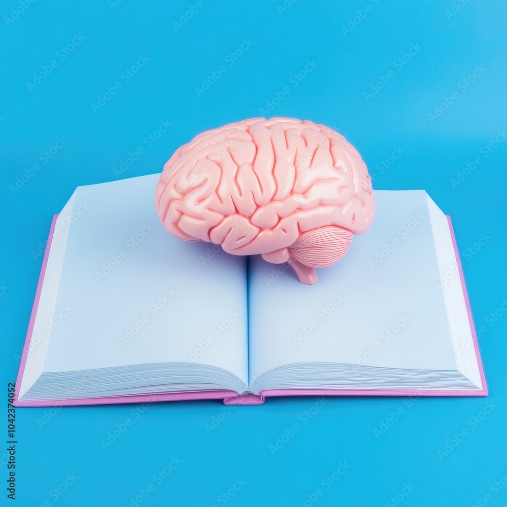 Poster a pink brain sits atop an open book against a blue background, symbolizing the connection between kn