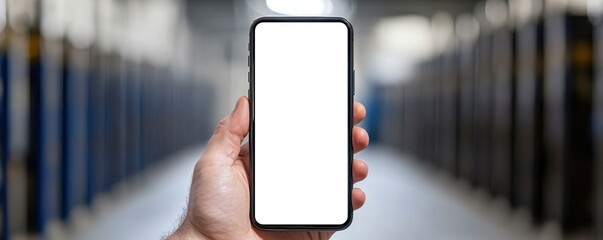 A person holds a smartphone with a blank screen, surrounded by out-of-focus shelves, suggesting a functional or storage environment.