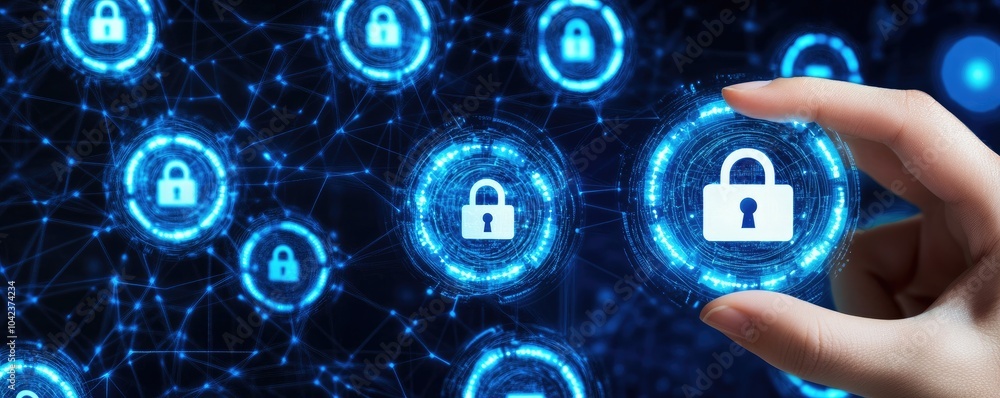 Poster a hand reaches for a glowing digital lock surrounded by interconnected security icons, symbolizing c
