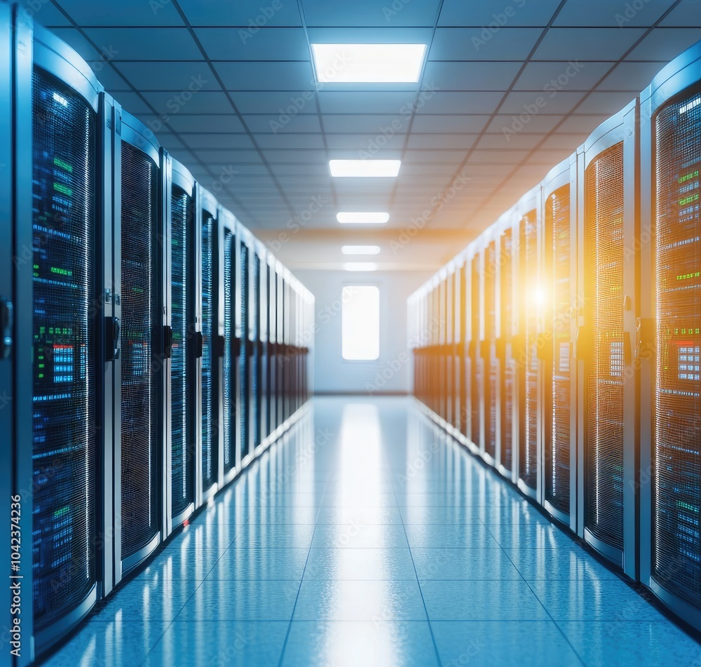 Poster a modern data center corridor with rows of server racks, illuminated by artificial lights and sunlig