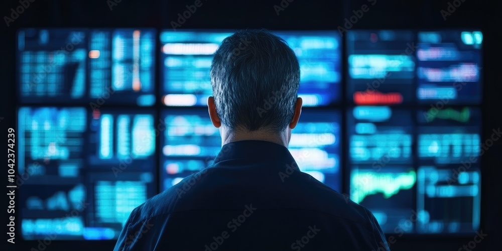 Aufkleber a person analyzes data from multiple screens, immersed in technology and focusing on information pre