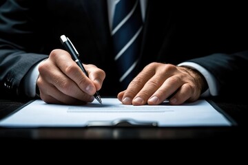 A businessman writing on a document with a pen, showcasing professionalism and focus in a well-tailored suit.