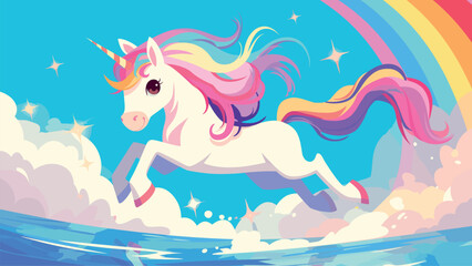 Cartoon unicorn jumps on rainbow scene. Poster with cute magical horse with horn, fairytale landscape vector illustration