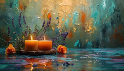 Aromatherapy session, serene environment, vibrant colors, peaceful scenes, inviting