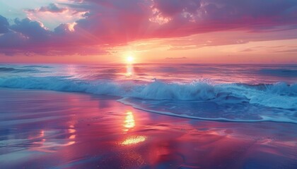 Obraz premium Beach vacation sunset, vibrant colors, serene environment, wide shot, inviting