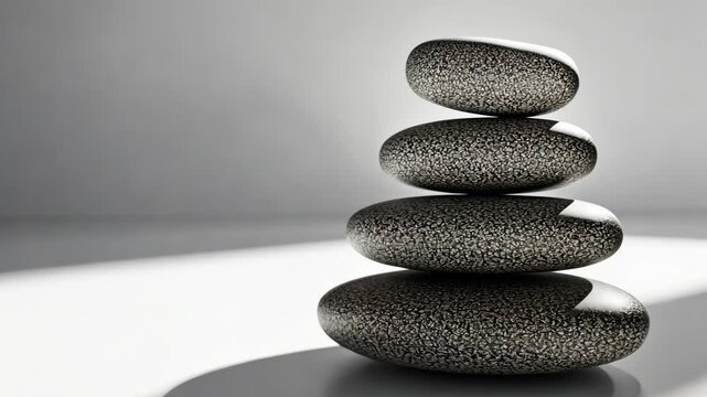 A stack of four smooth, gray stones sits on a white surface, creating a sense of balance and tranquility