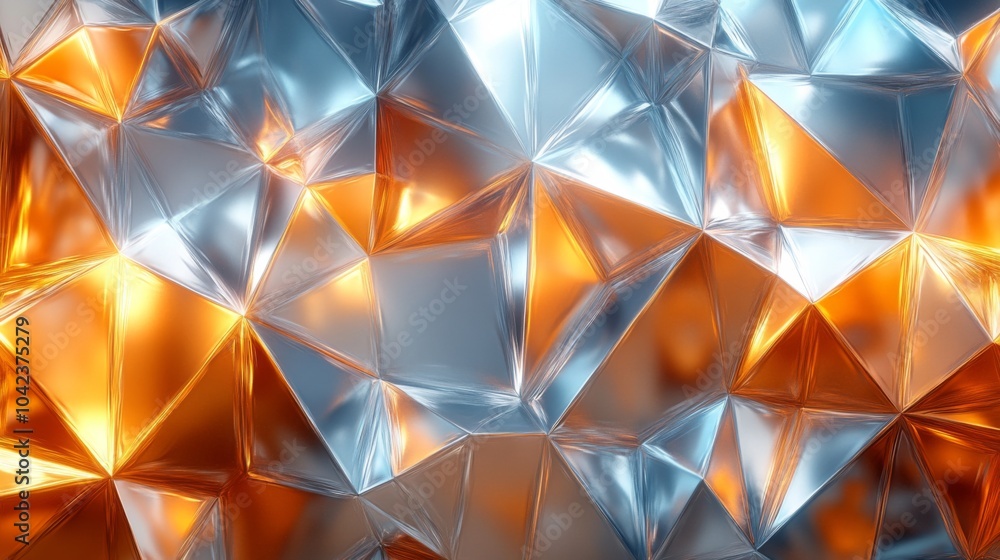 Poster Intricate geometric shapes create a dynamic visual of metallic textures in blue, silver, and orange, reflecting light in an eye-catching abstract design.