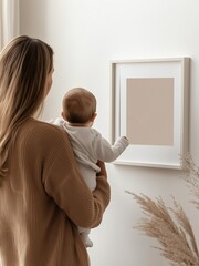 Mother Holding Baby Looking at Mockup Frame on Wall
