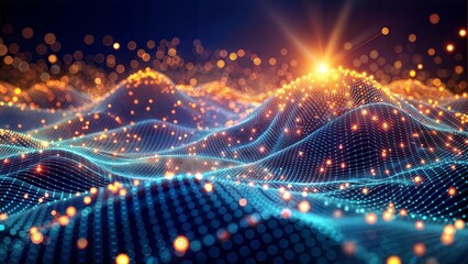 Digital landscape with glowing dots and waves against a dark background.