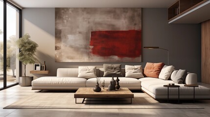 Wide-view minimalist living room with large modular sofa and framed stucco wall, for a stylishly relaxed vibe.