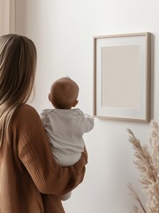 Mother Holding Baby Looking at Mockup Frame on Wall