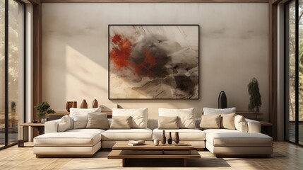 This minimalist living room showcases a modular sofa and an abstract art frame, adding a stylish touch to the beige backdrop.