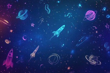 Naklejka premium Intricately drawn cosmic doodles showcase various planets, stars, rockets, and asteroids in a vibrant, starry universe backdrop. Generative AI