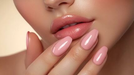 Obraz premium Close-up of a woman's hand with pink glossy nails.