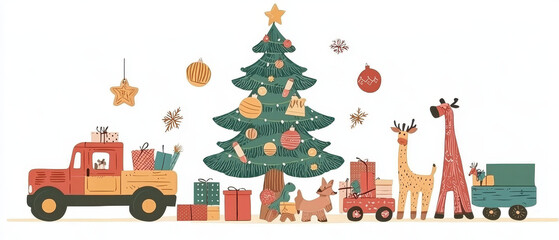 A festive illustration featuring a Christmas tree adorned with ornaments, gifts, and playful animals alongside a colorful truck.
