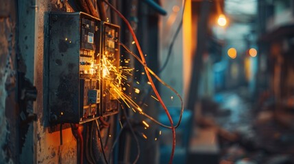 short circuit in an electrical panel, with sparks flying and wires overheating