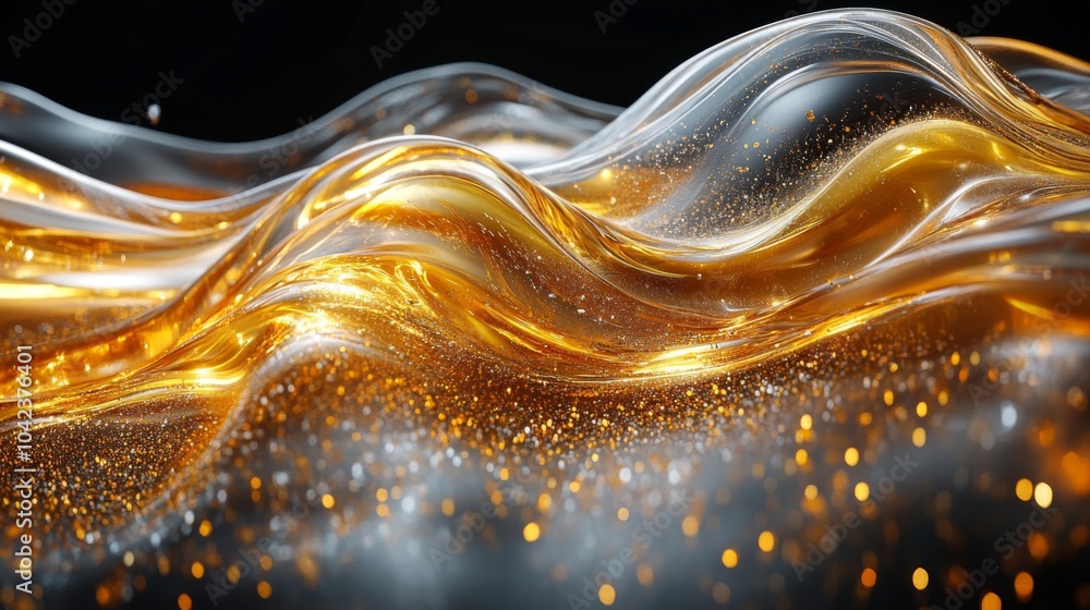 Poster a mesmerizing flow of golden liquid creates gentle waves, infused with sparkling particles, set agai