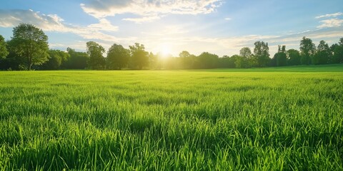 A serene green field under a blue sky with fluffy clouds and distant trees, representing nature's tranquility.
