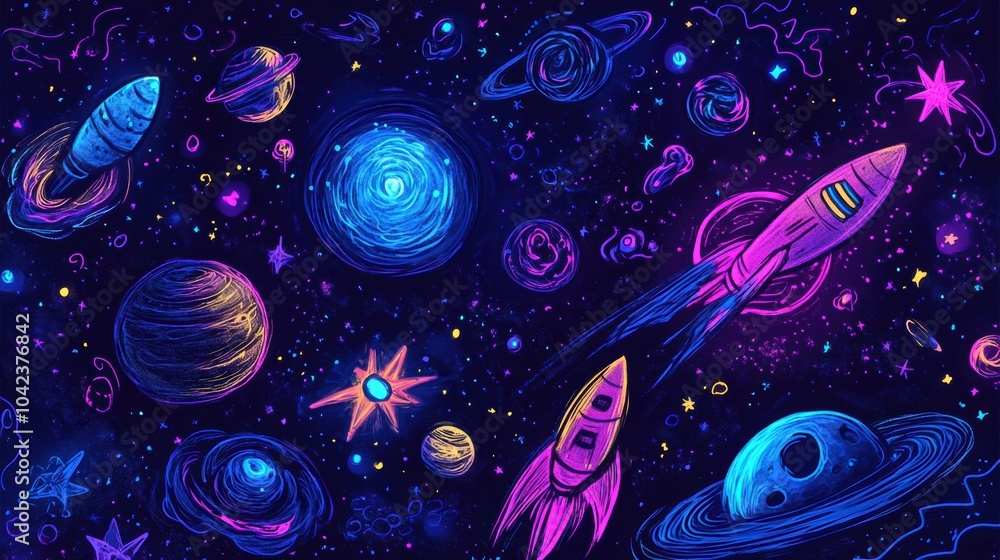 Poster Explore an imaginative universe filled with colorful planets, dynamic rockets, shimmering stars, and floating asteroids in vibrant doodles. Generative AI