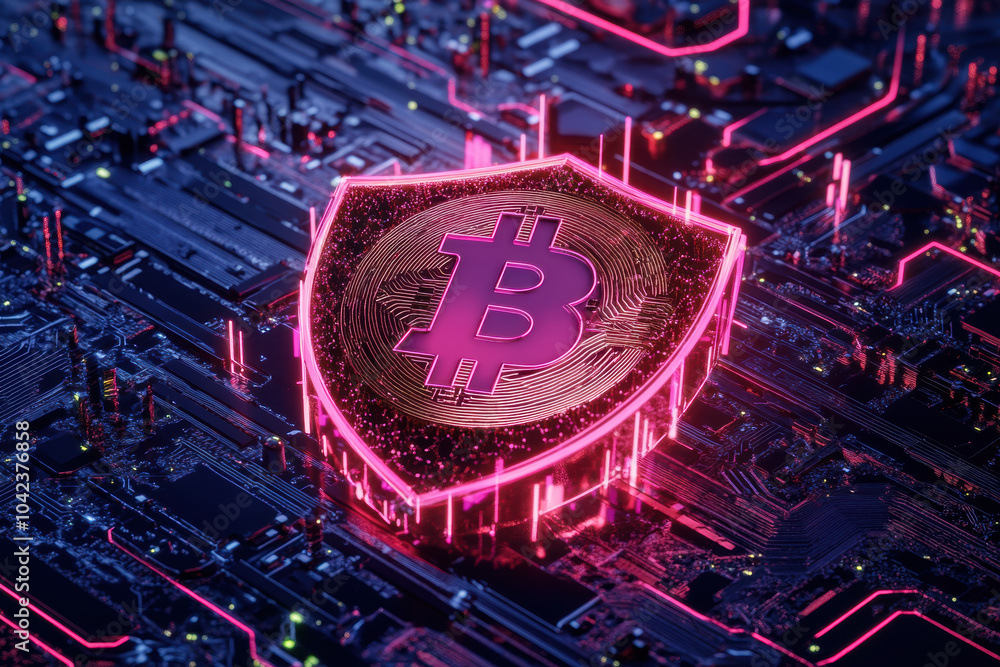 Poster digital shield symbolizing bitcoin security, surrounded by vibrant circuit board. this conveys sense