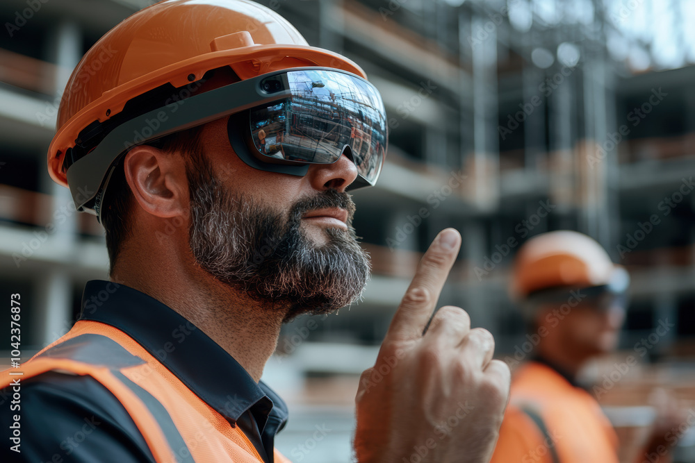 Poster engineers using augmented reality glasses to visualize construction projects, showcasing innovation 