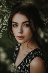 A striking portrait of a woman surrounded by soft floral elegance.